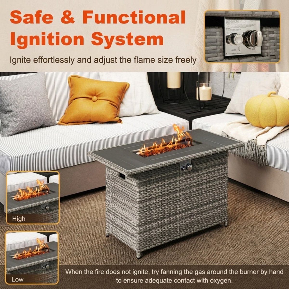 44.5-Inch Outdoor Fire Pit Table with Woven Rattan and Stainless Steel Burner, Doubles as a Patio Coffee Table, Gray