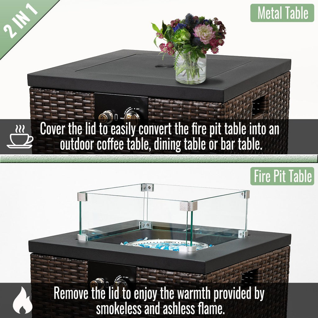 22 Propane Gas Fire Pit Table, 50,000 BTU Square Outdoor Fireplace with Wicker Base & Glass Guard, Dark Brown
