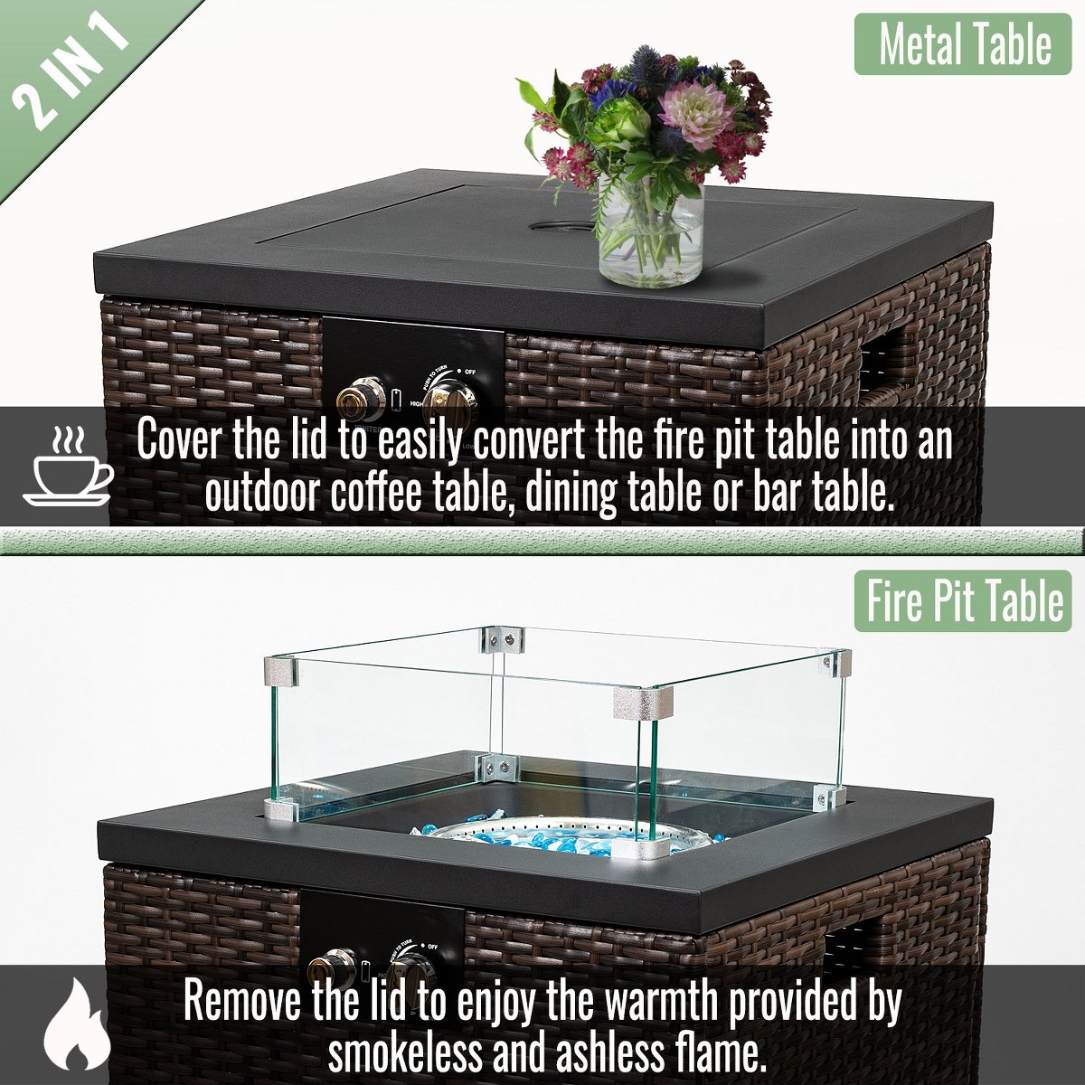 22 Propane Gas Fire Pit Table, 50,000 BTU Square Outdoor Fireplace with Wicker Base & Glass Guard, Dark Brown