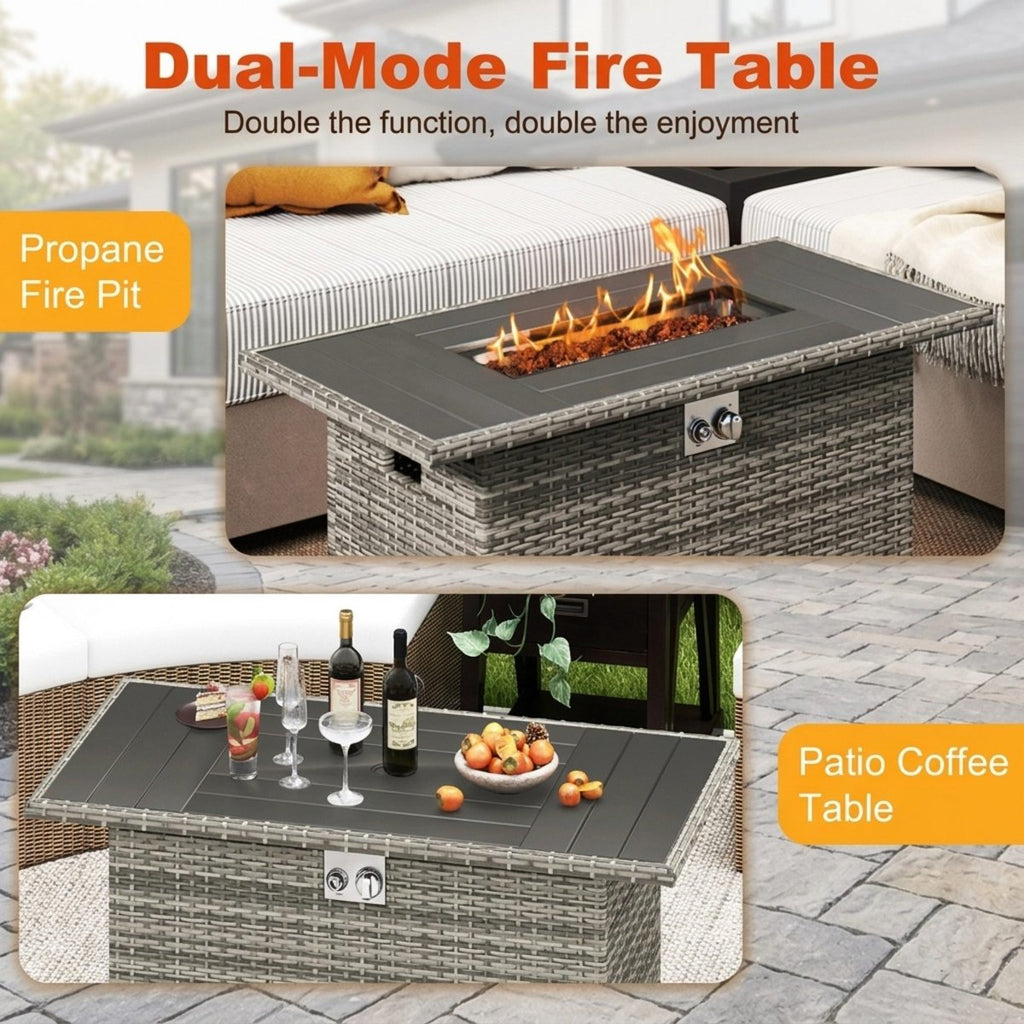 44.5-Inch Outdoor Fire Pit Table with Woven Rattan and Stainless Steel Burner, Doubles as a Patio Coffee Table, Gray