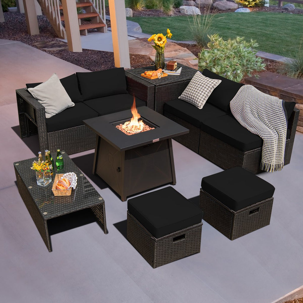 9PCS Patio Rattan Furniture Set Fire Pit Space-saving W/ Cushion cover