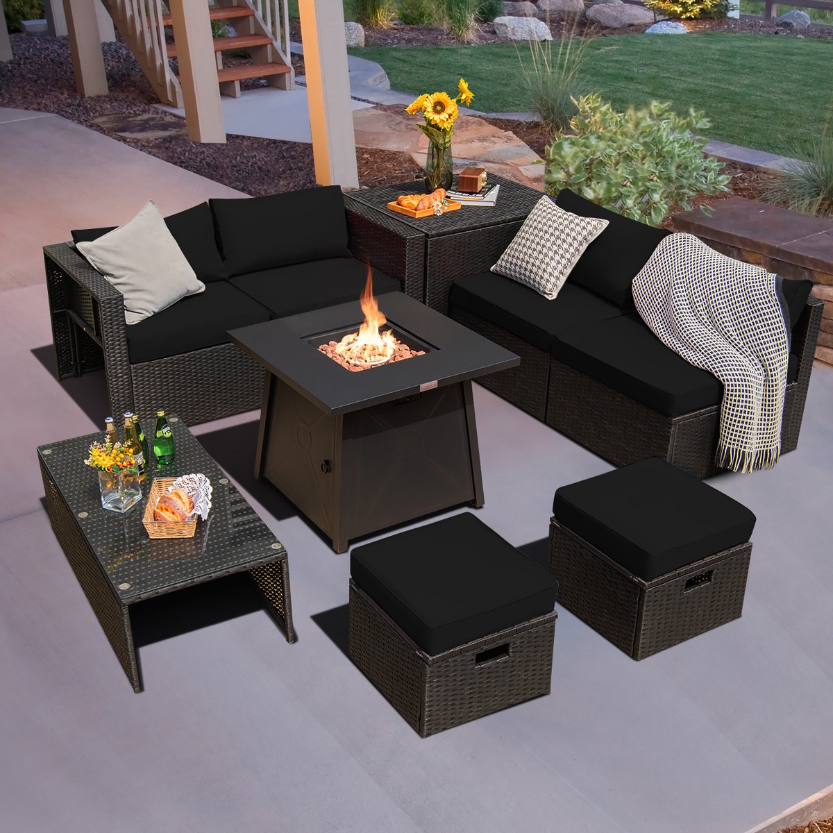 9PCS Patio Rattan Furniture Set Fire Pit Space-saving W/ Cushion cover
