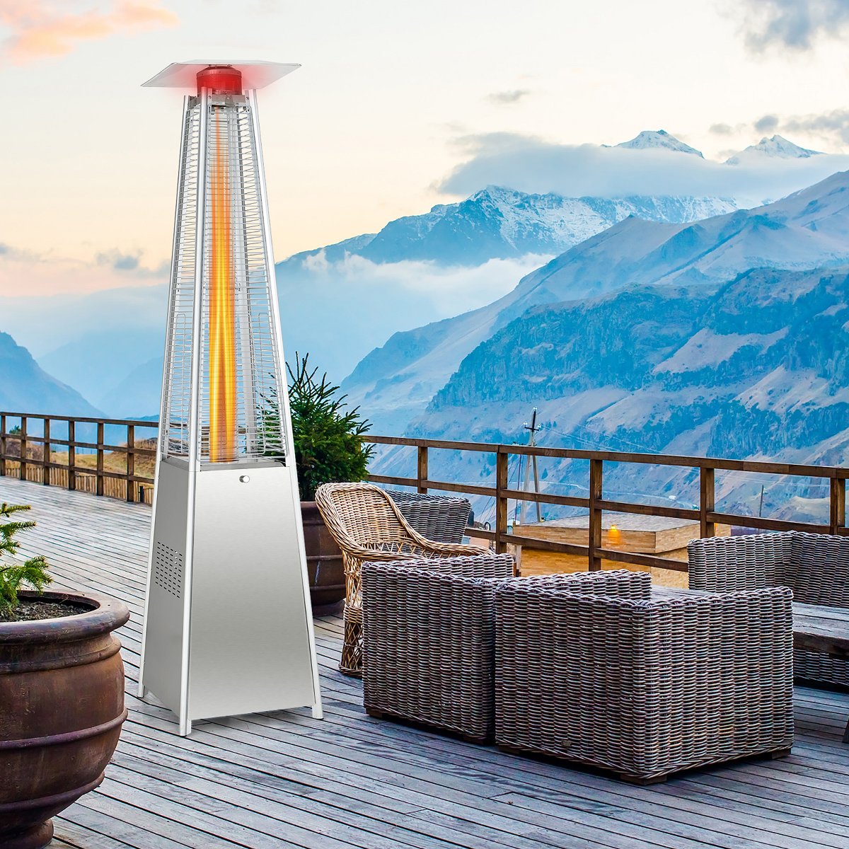 90'' Tall Pyramid Patio Heater Quartz Glass Tube Flame Heating 42000 BTU W/ Wheel