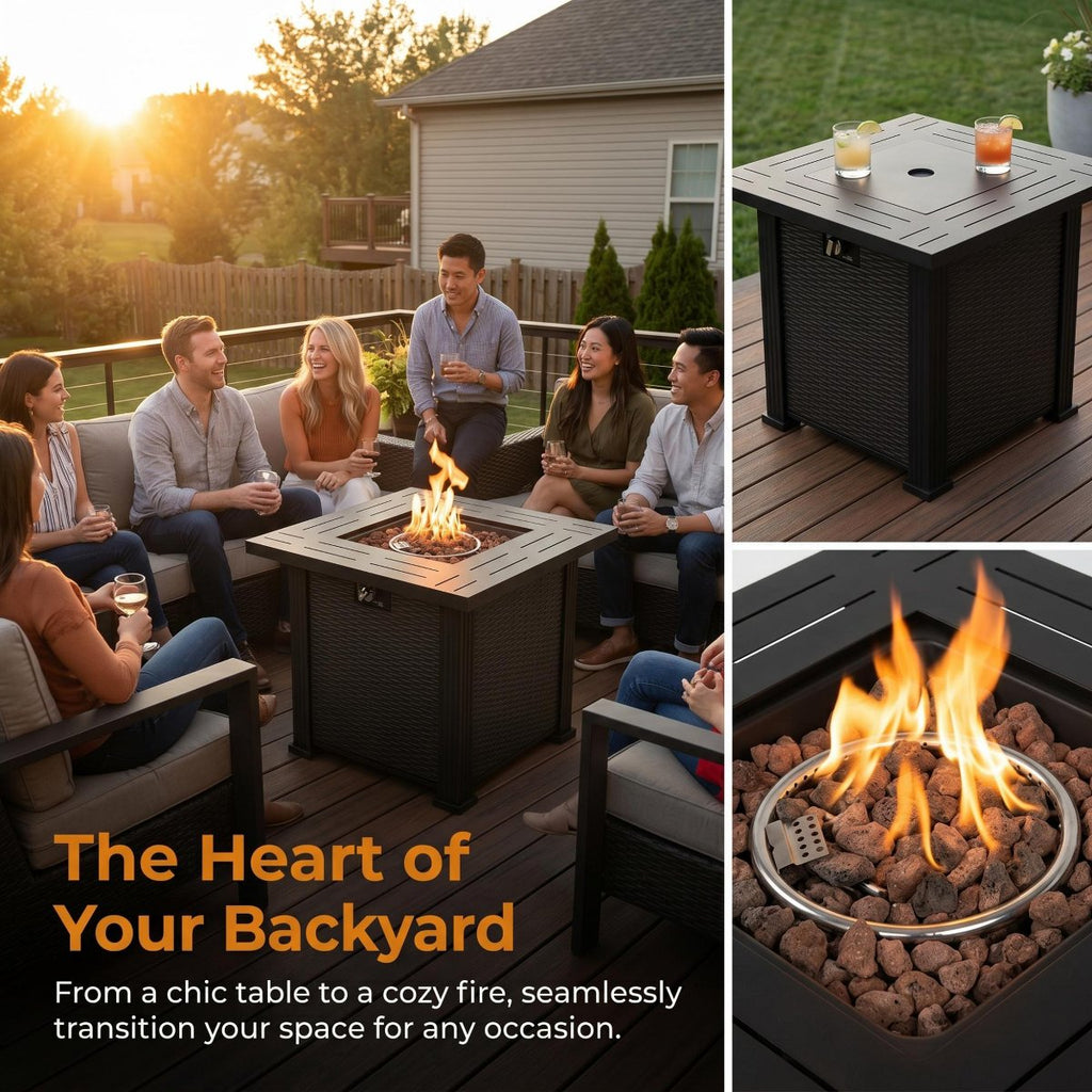 28 Square Propane Gas Fire Pit Table, 50,000 BTU Steel Outdoor Fire Pit for Patio, Deck & Backyard, Black Finish
