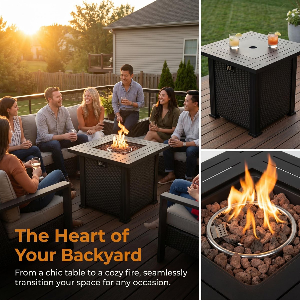 28 Square Propane Gas Fire Pit Table, 50,000 BTU Steel Outdoor Fire Pit for Patio, Deck & Backyard, Black Finish