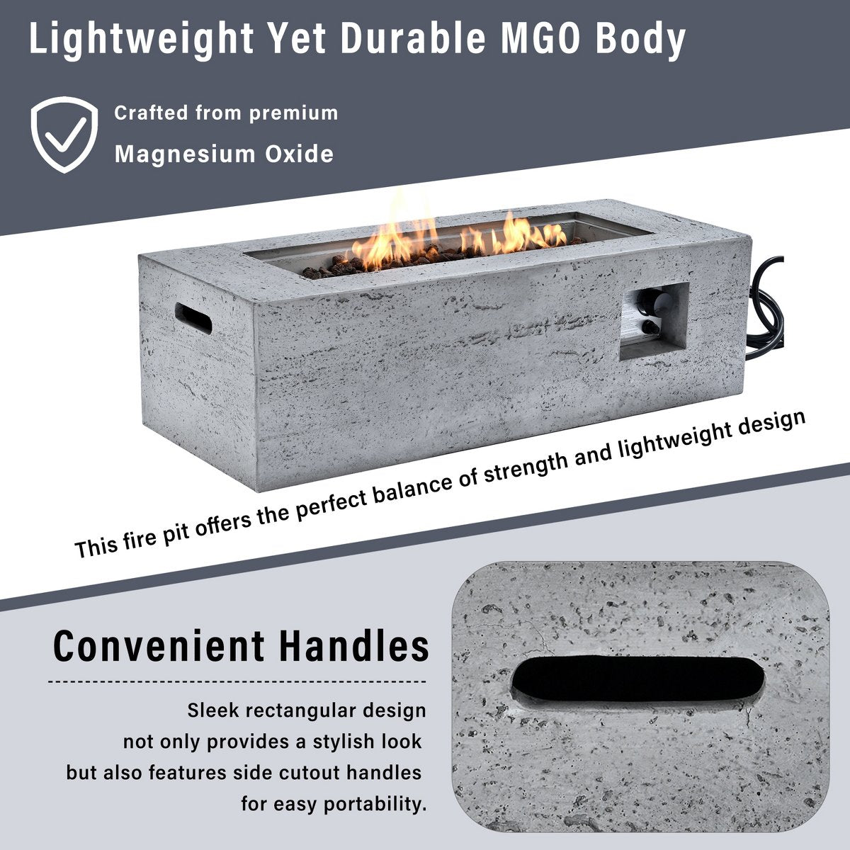 42 Rectangular Propane Fire Pit, 40,000 BTU MGO Outdoor Patio Heater with Cover & 10ft Hose, Light Grey