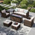 6pc Outdoor Patio Wicker Rattan Fire Pit Set with Cushioned Ottomans and Armchairs