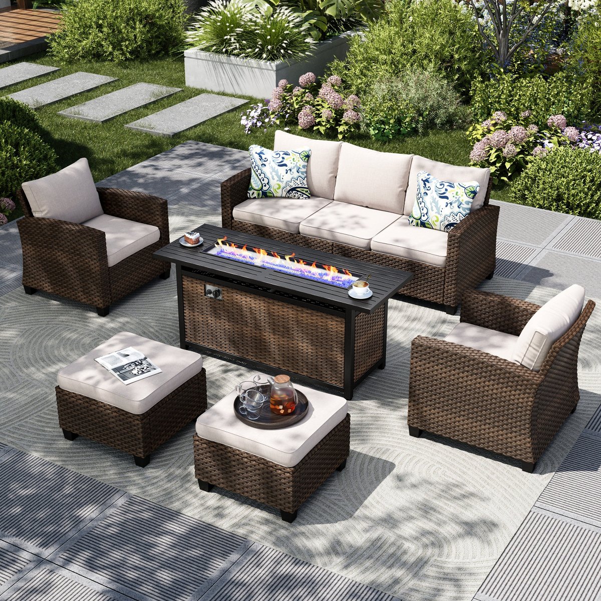 6pc Outdoor Patio Wicker Rattan Fire Pit Set with Cushioned Ottomans and Armchairs