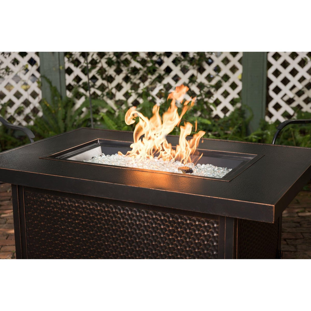48” Weyland Hammered Aluminum Gas Fire Pit 55,000 BTU Multi-Functional Protective Cover and Clear Fire Glass Rectangle