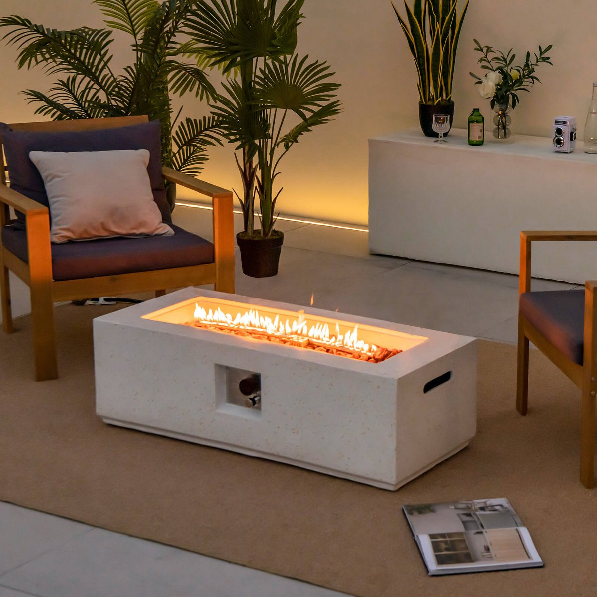 42'' Terrazzo Fire Pit Table 50,000 BTU Rectangle Propane Fire Pit with PVC Cover