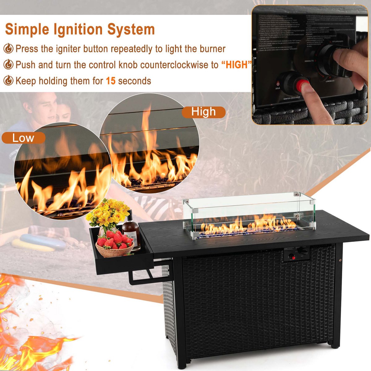 52'' Outdoor Gas Fire Pit Table Patio Propane Firepit with Cover 50,000 BTU Brown/Black