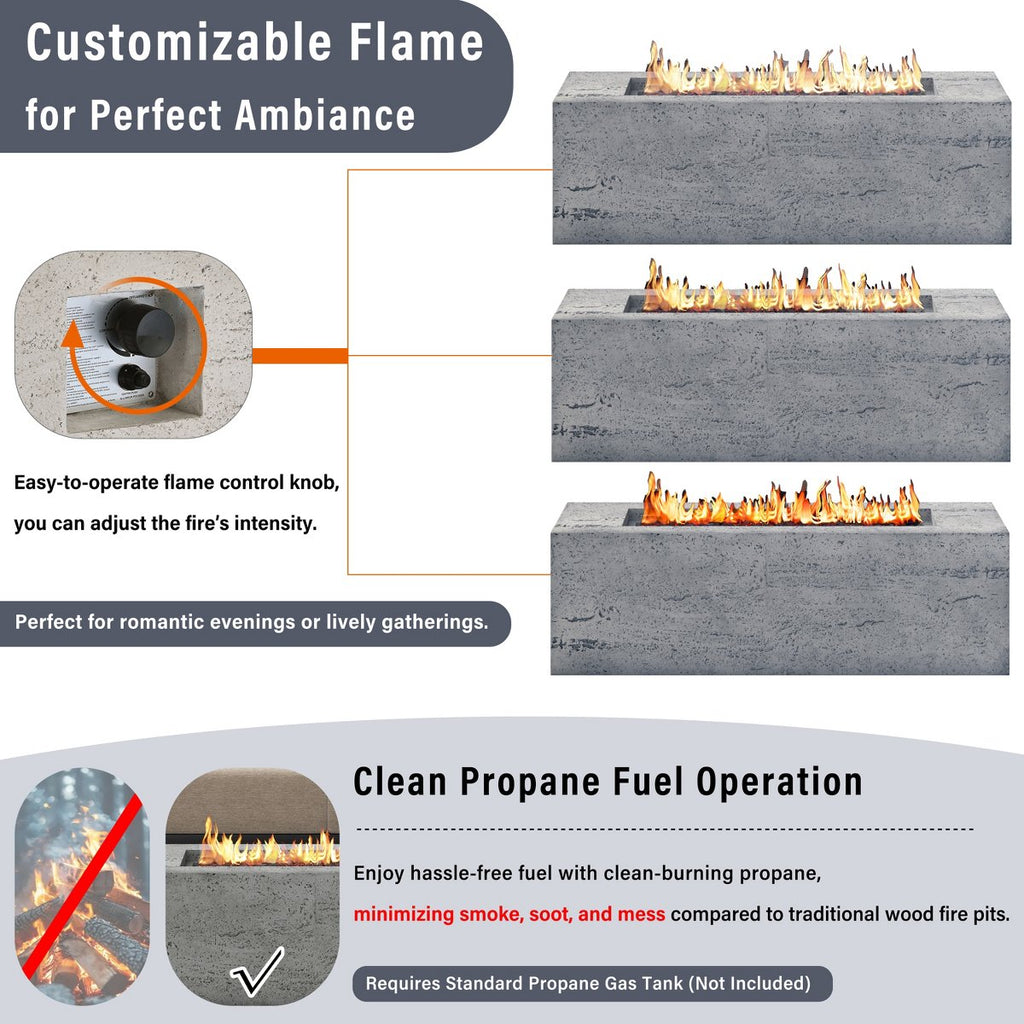 42 Rectangular Propane Fire Pit, 40,000 BTU MGO Outdoor Patio Heater with Cover & 10ft Hose, Light Grey