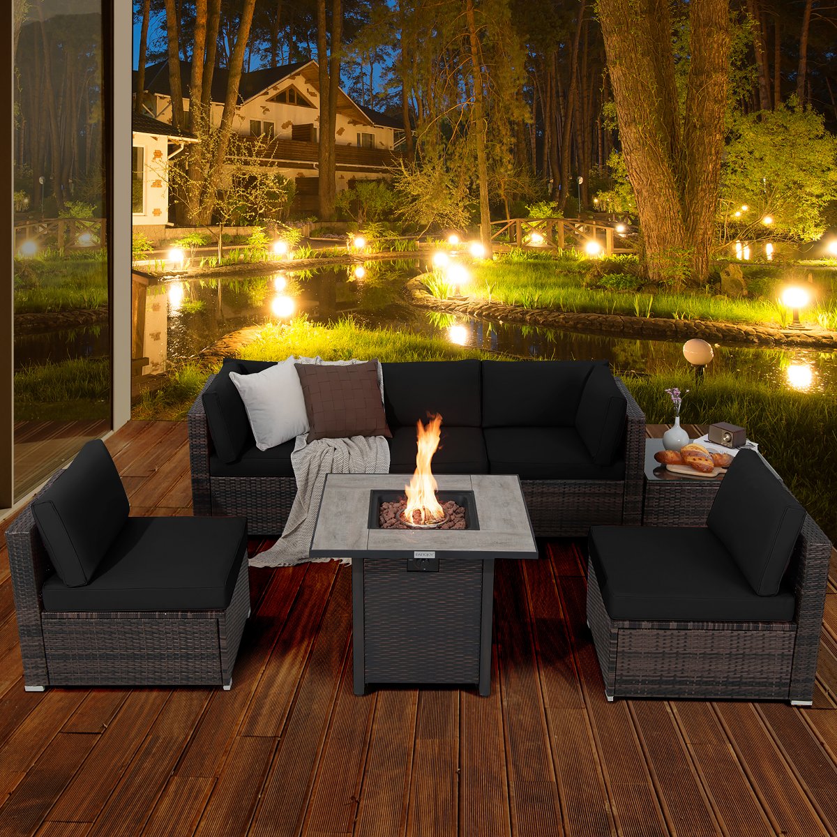 7PCS Patio Rattan Furniture Set 30'' Fire Pit Table Cover Cushion Sofa Off WhiteBlackNavyRedTurquoiseBrownBeige