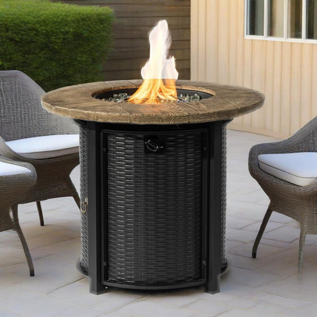 30 Propane Gas Fire Pit Table, 50,000 BTU Round Outdoor Fireplace with Wood Grain Top & Rain Cover, Black