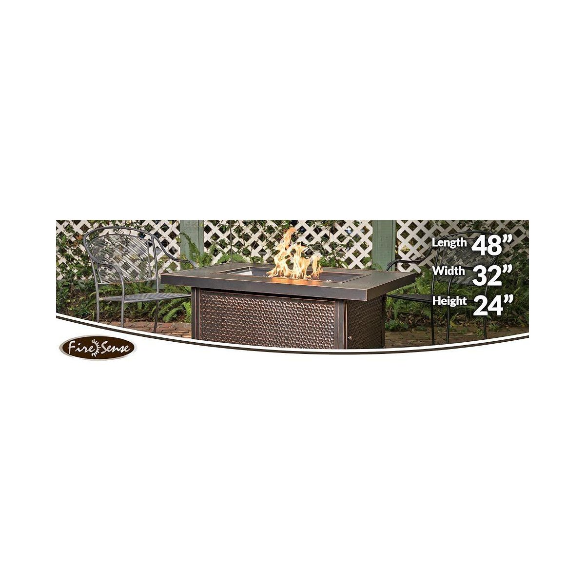 48” Weyland Hammered Aluminum Gas Fire Pit 55,000 BTU Multi-Functional Protective Cover and Clear Fire Glass Rectangle