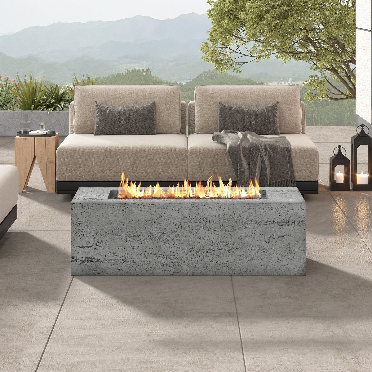 42 Rectangular Propane Fire Pit, 40,000 BTU MGO Outdoor Patio Heater with Cover & 10ft Hose, Light Grey