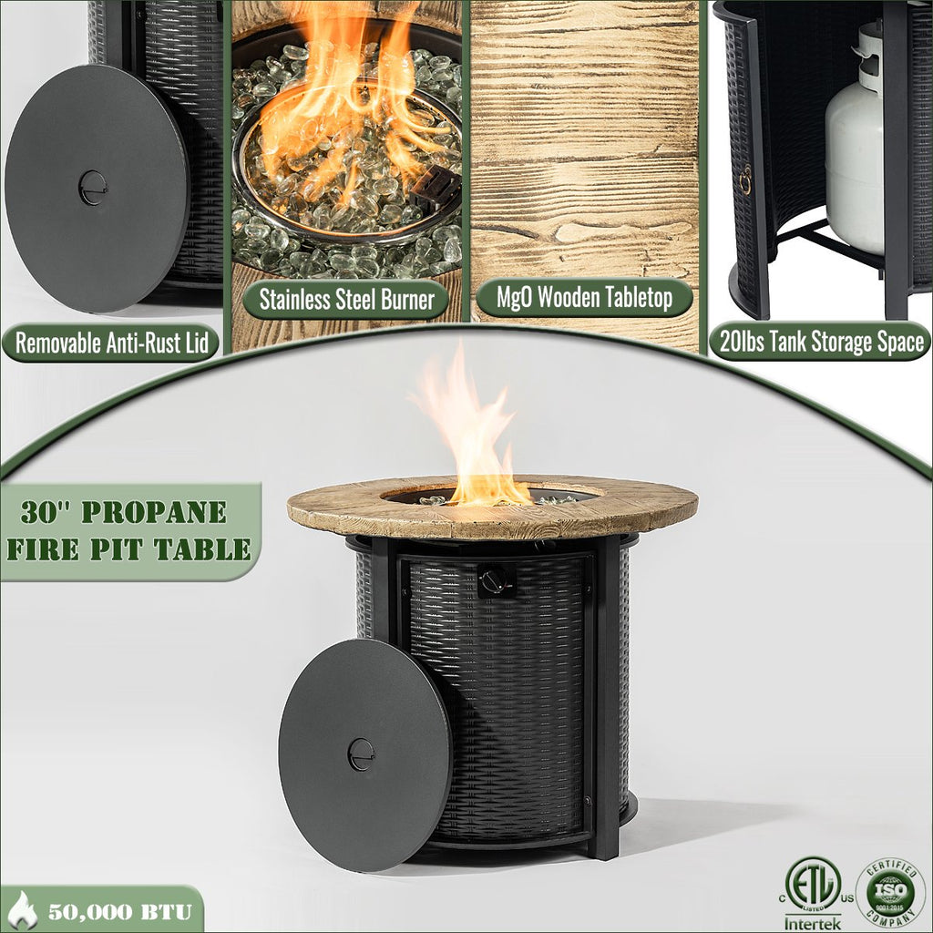 30 Propane Gas Fire Pit Table, 50,000 BTU Round Outdoor Fireplace with Wood Grain Top & Rain Cover, Black