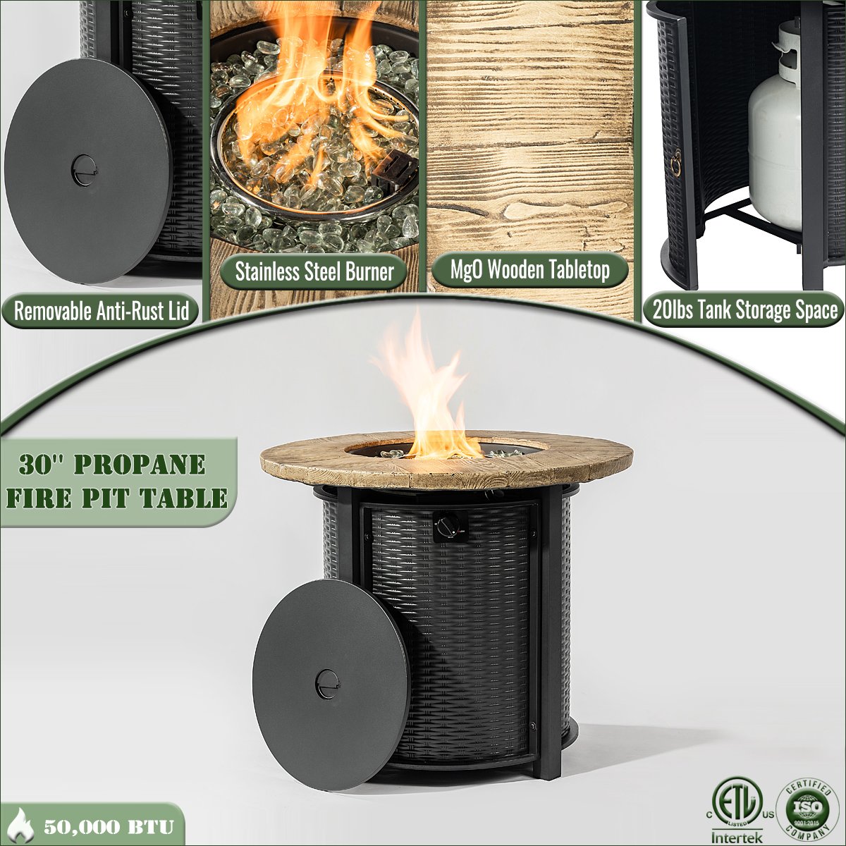 30 Propane Gas Fire Pit Table, 50,000 BTU Round Outdoor Fireplace with Wood Grain Top & Rain Cover, Black