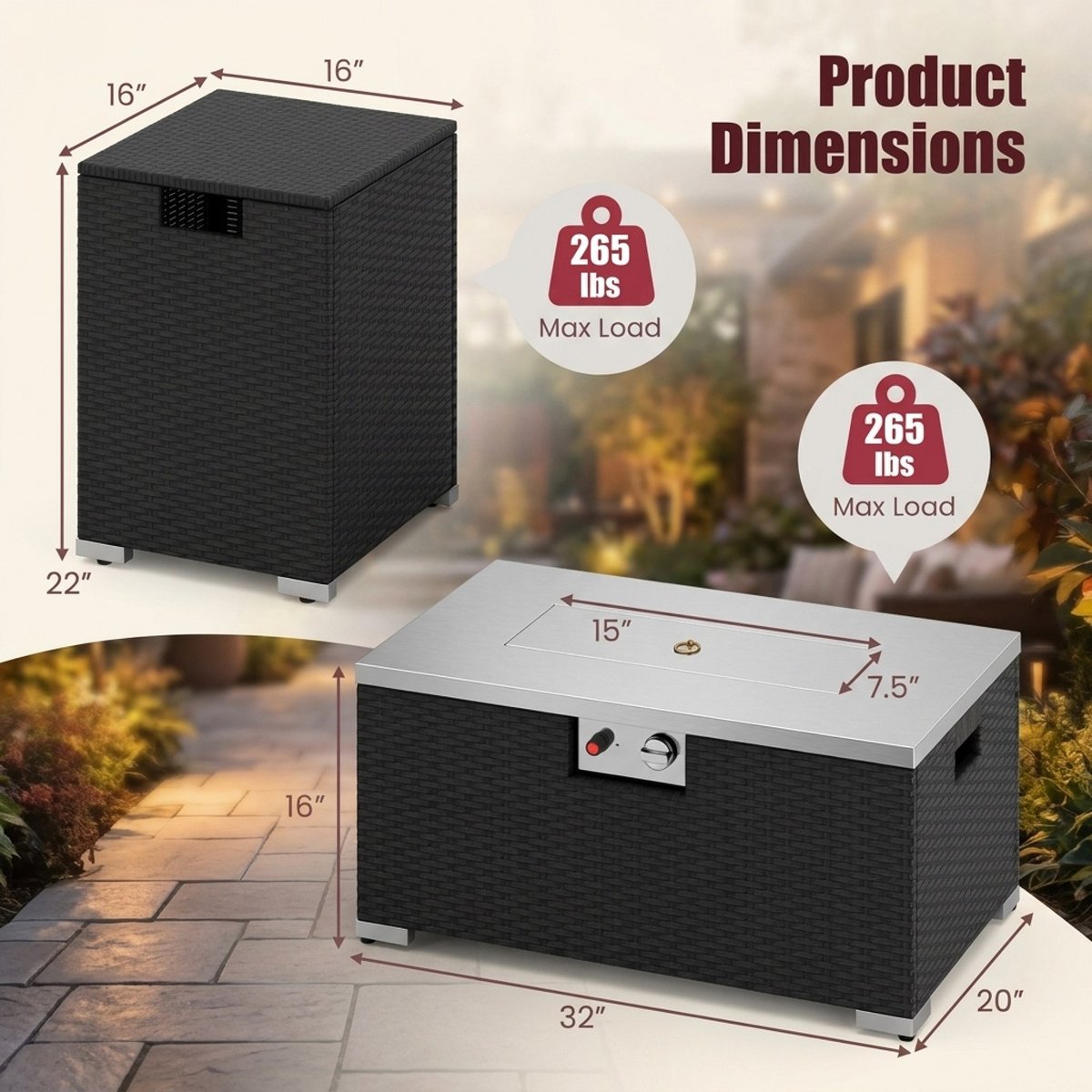 32 Inch Rectangular Propane Fire Pit Table Set 40,000 BTU Rattan with Tank Cover and Glass Top