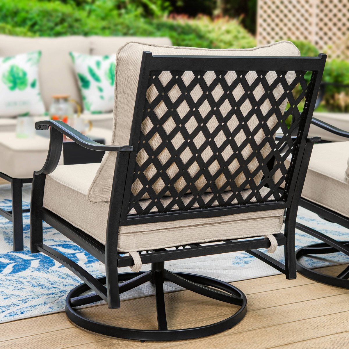 5pc XL Metal Outdoor Set Swivel Grid- Back Chairs with Fire Pit Beige