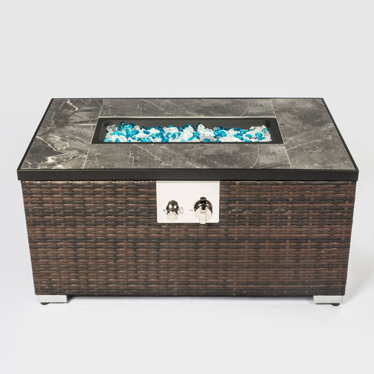 32 Propane Gas Fire Pit Table, 50,000 BTU Outdoor Tile Top Fireplace with Wicker Base & Cover, Brown