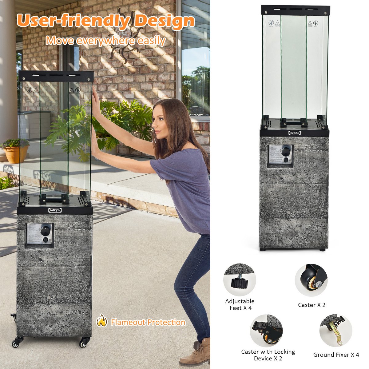41,000 BTU Propane Patio Heater Glass Tube Standing Gas Heater w/ Cover Wheels