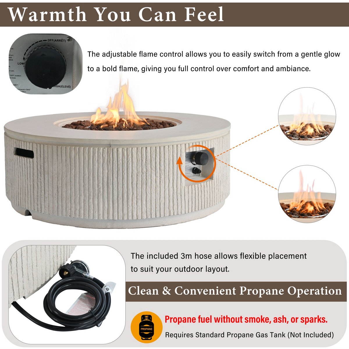 38 Patio Propane Fire Pit Table, 50000 BTU Round Outdoor Fireplace with Steel Burner, Adjustable Flame Control, Lava Rocks & Rain Cover