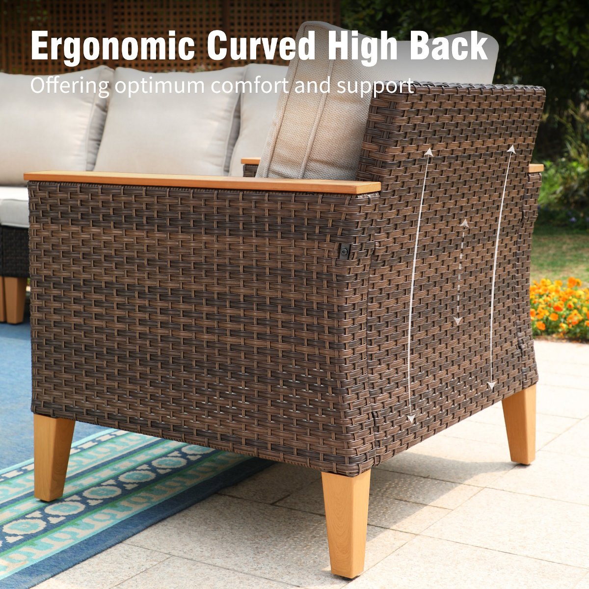 8pc Wicker Outdoor Patio Rattan Sectional Conversation Set with Fire Pit Table and Cushioned Ottoman
