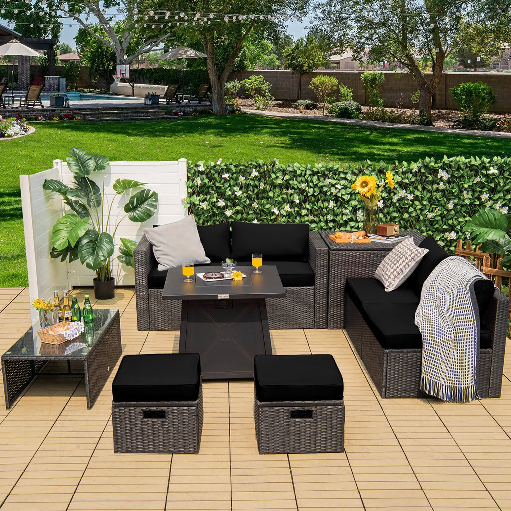 9PCS Patio Rattan Furniture Set Fire Pit Space-saving W/ Cushion cover