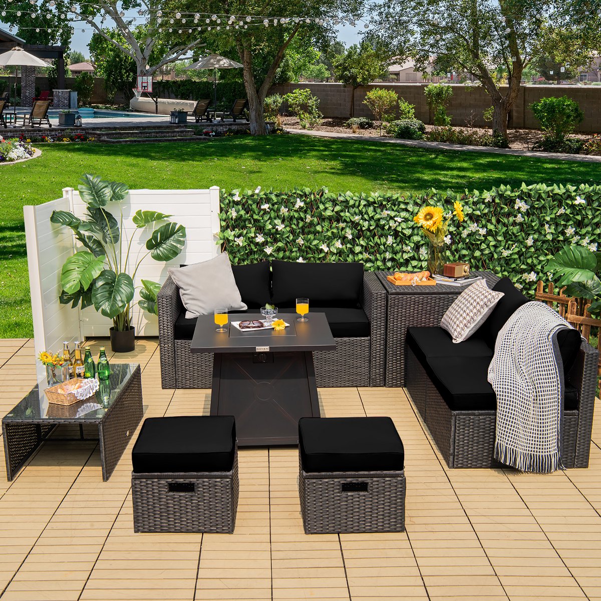 9PCS Patio Rattan Furniture Set Fire Pit Space-saving W/ Cushion cover