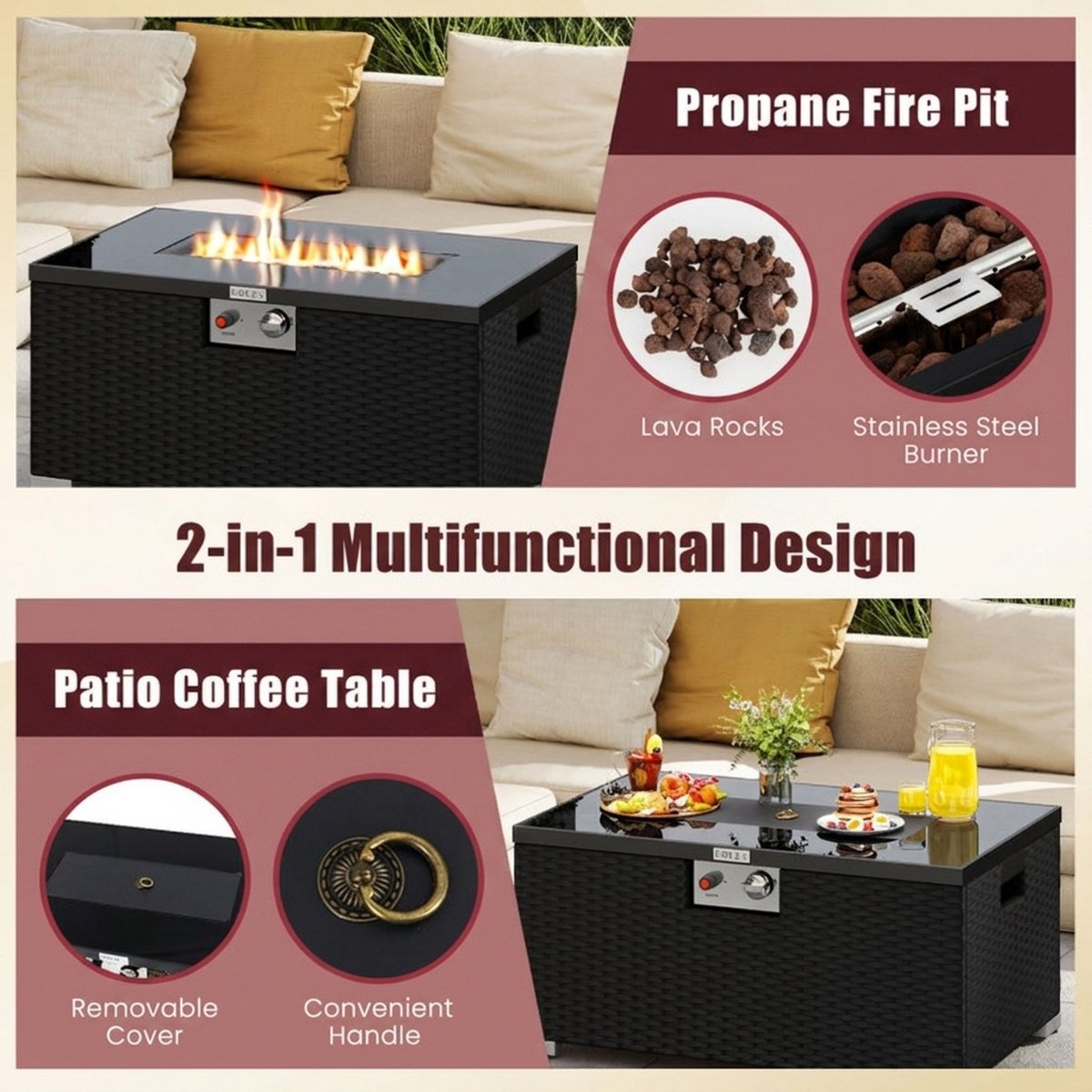 32 Inch Rectangular Propane Fire Pit Table Set 40,000 BTU Rattan with Tank Cover and Glass Top