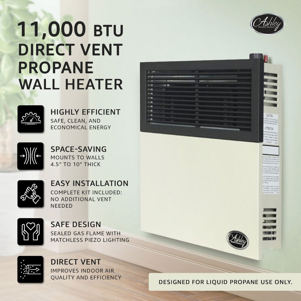 11,000 BTU Direct Vent Liquid Propane Wall Mounted Heater with Piezo Lightning, Safety Pilot and Built-In Regulator, Cream