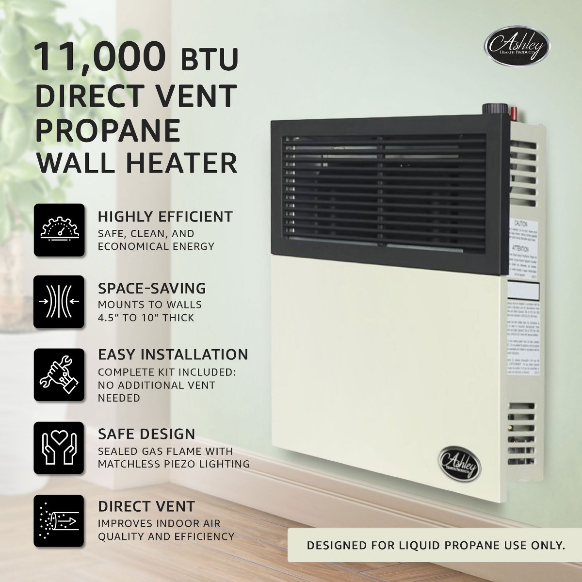 11,000 BTU Direct Vent Liquid Propane Wall Mounted Heater with Piezo Lightning, Safety Pilot and Built-In Regulator, Cream