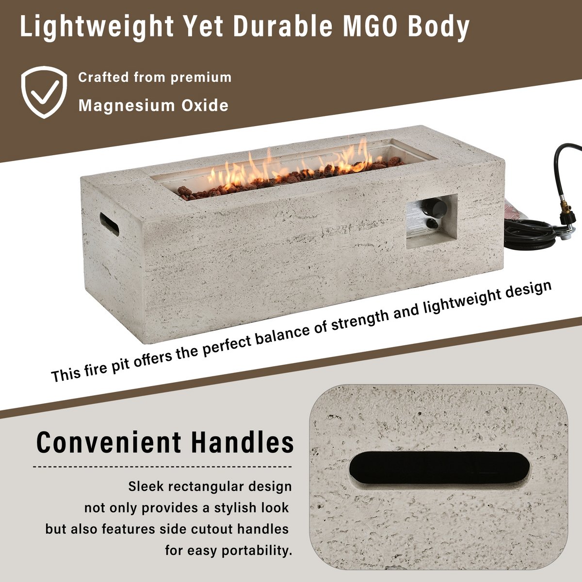 Outdoor Rectangular Propane Fire Pit, 40,000 BTU MGO Patio Fireplace, Stainless Steel Burner, Free Lava Rocks & Waterproof Cover