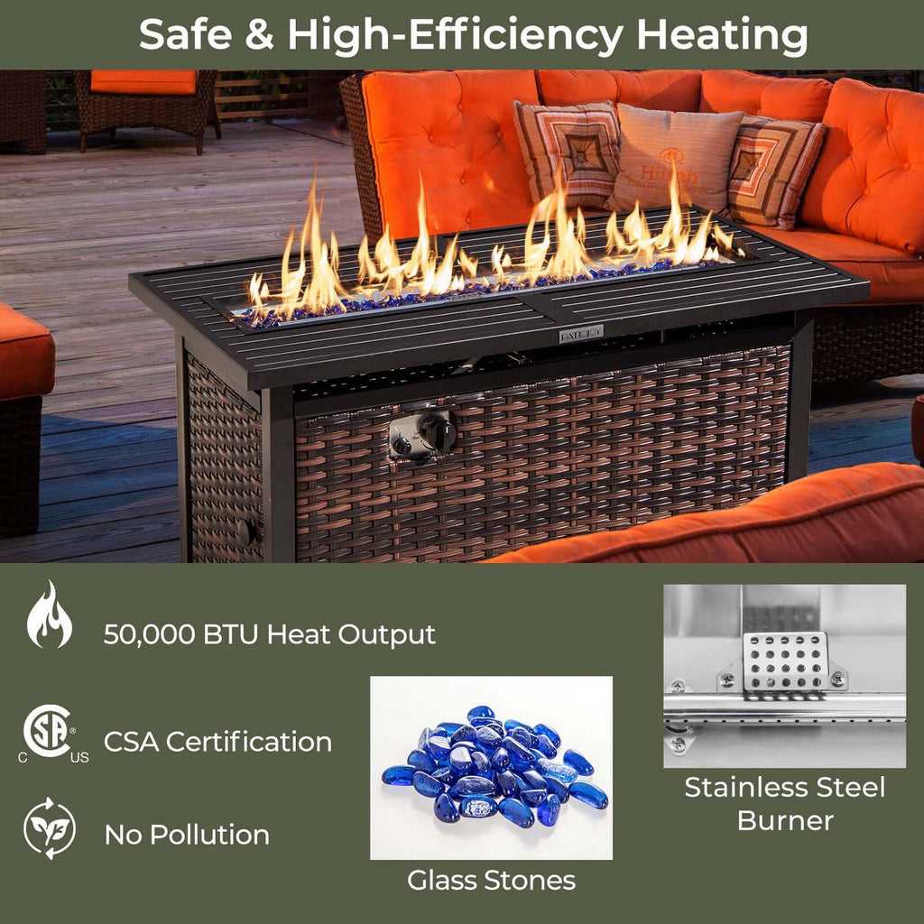 45 Propane Rattan Firepit Table with Glass Stones & Protective Cover Metal Frame