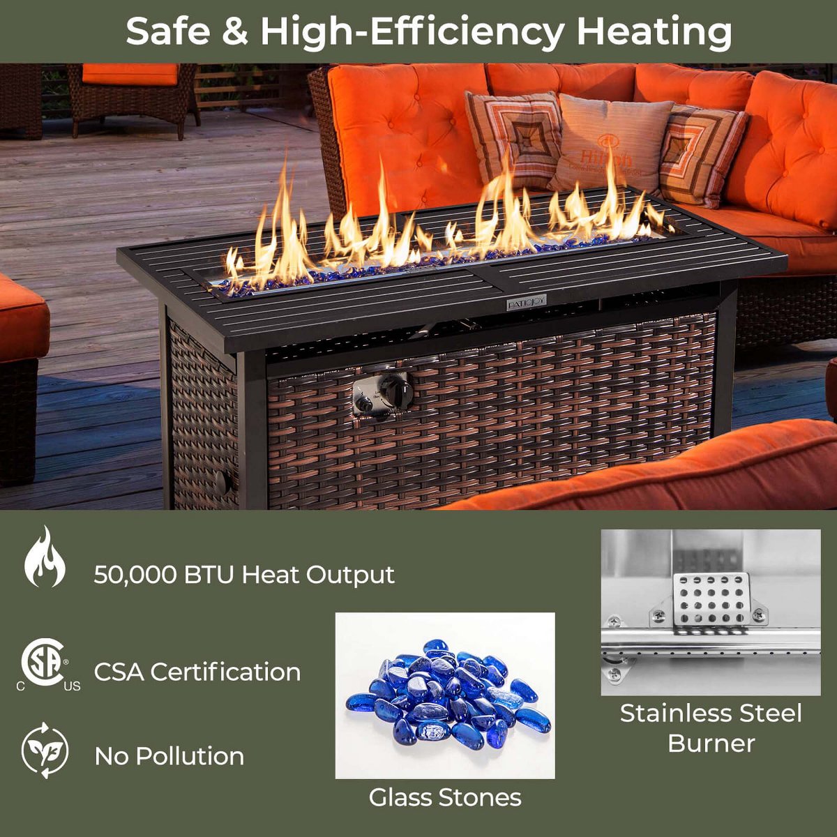 45 Propane Rattan Firepit Table with Glass Stones & Protective Cover Metal Frame