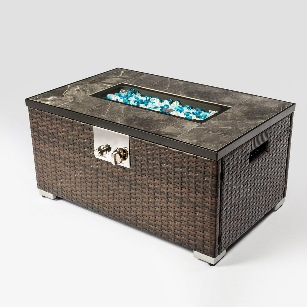 32 Propane Gas Fire Pit Table, 50,000 BTU Outdoor Tile Top Fireplace with Wicker Base & Cover, Brown