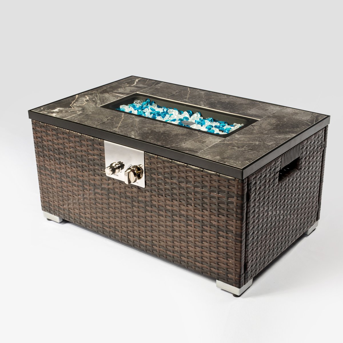 32 Propane Gas Fire Pit Table, 50,000 BTU Outdoor Tile Top Fireplace with Wicker Base & Cover, Brown