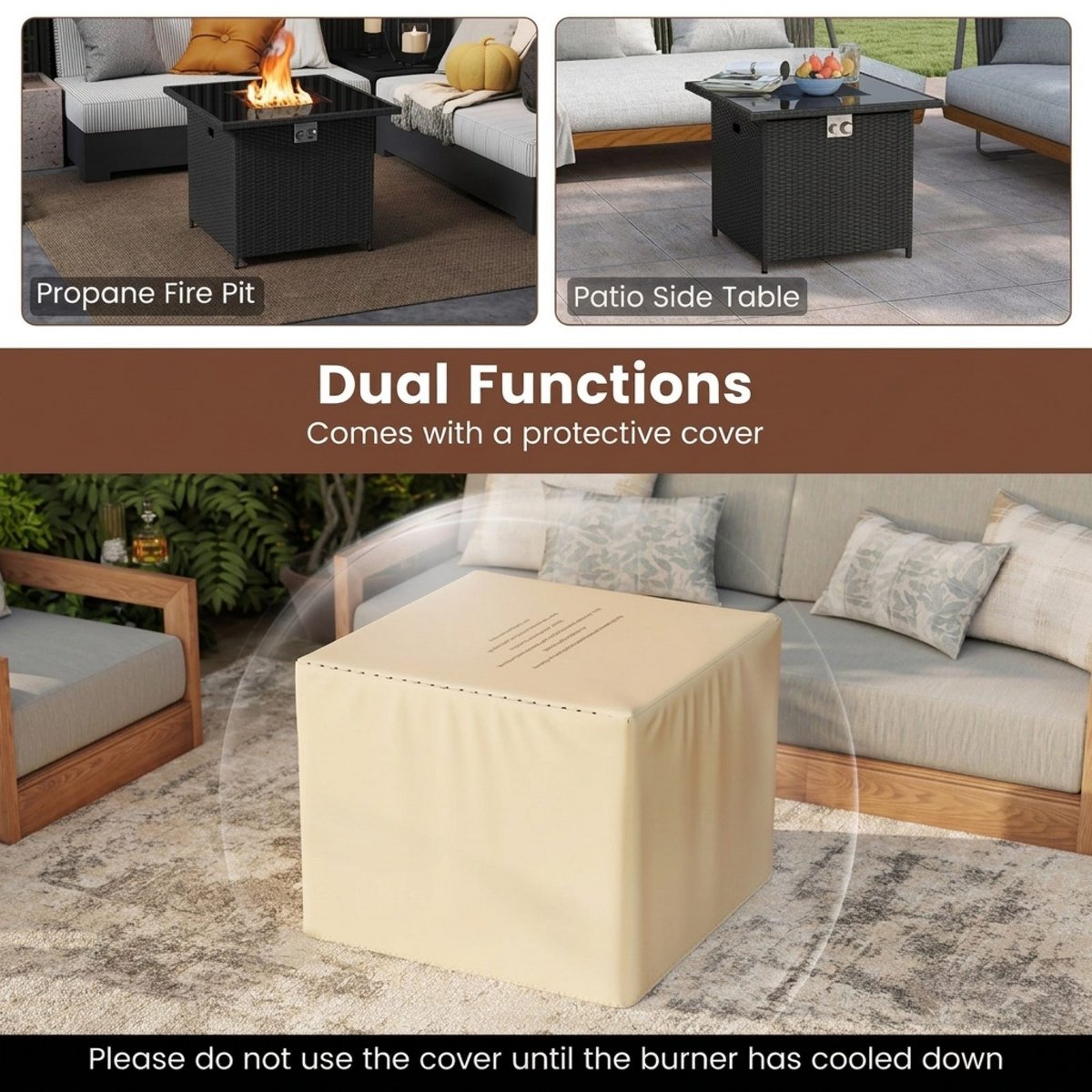 32.5 Inch Square Propane Fire Pit Table 50,000 BTU Outdoor Rattan with Glass Top and Cover, Black
