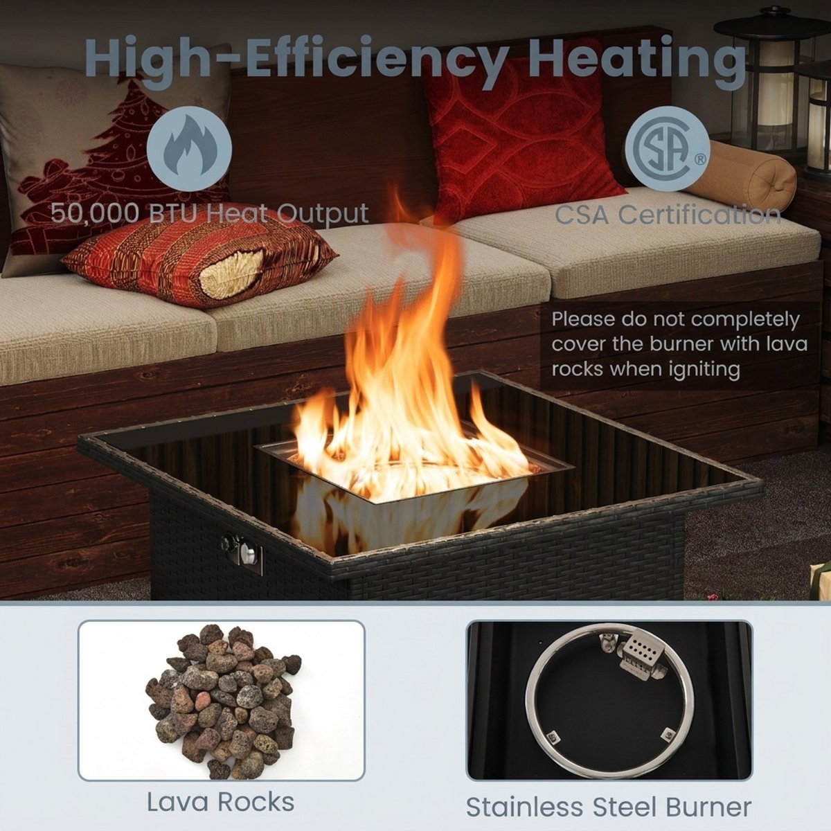 32.5 Inch Square Propane Fire Pit Table 50,000 BTU Outdoor Rattan with Glass Top and Cover, Black