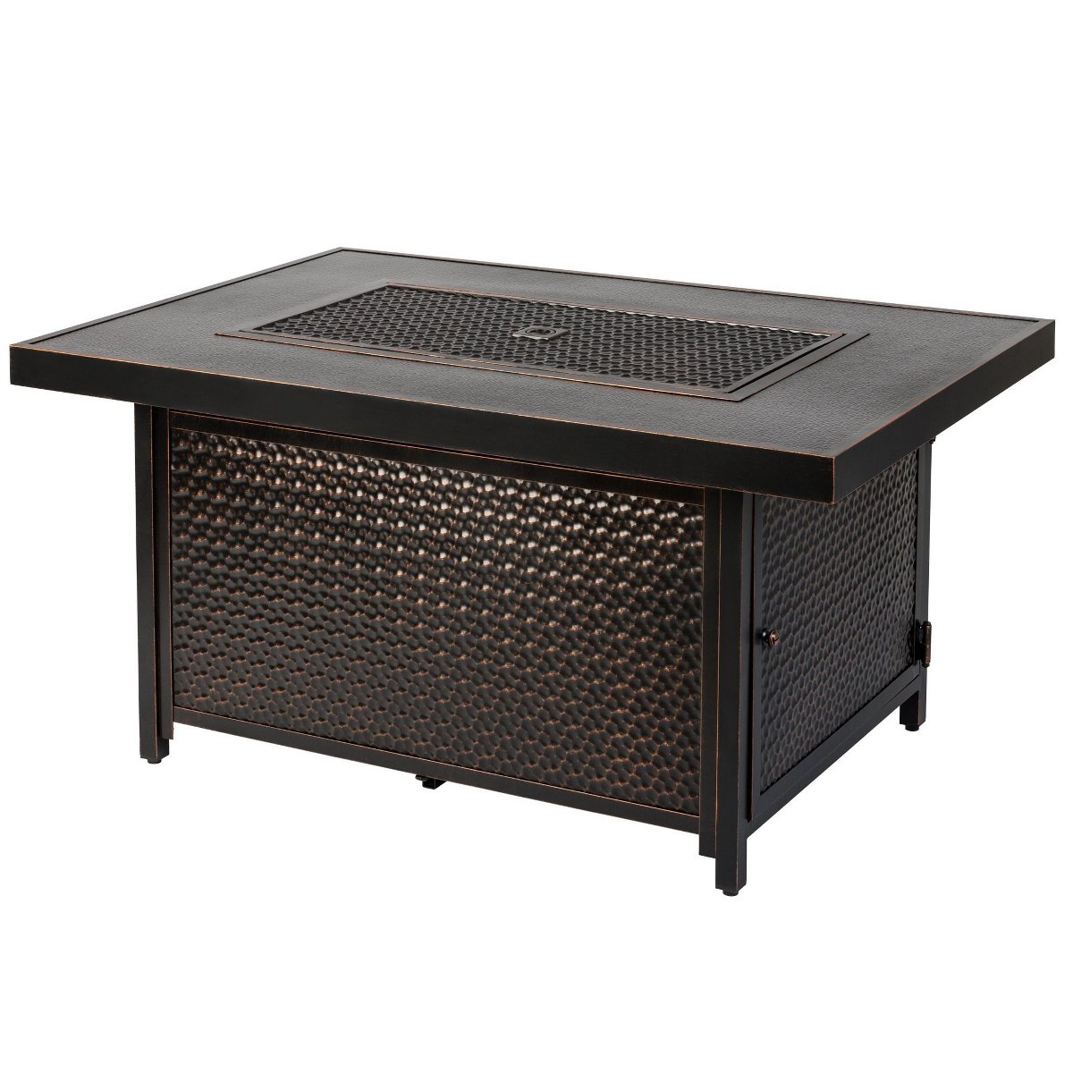 48” Weyland Hammered Aluminum Gas Fire Pit 55,000 BTU Multi-Functional Protective Cover and Clear Fire Glass Rectangle