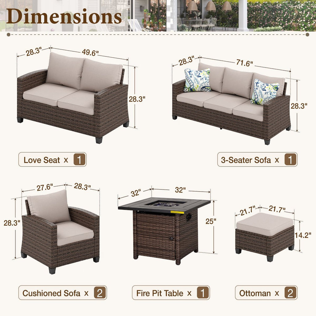 7pc Outdoor Patio Wicker Rattan Cushioned Fire Pit Set with Ottomans and Loveseat