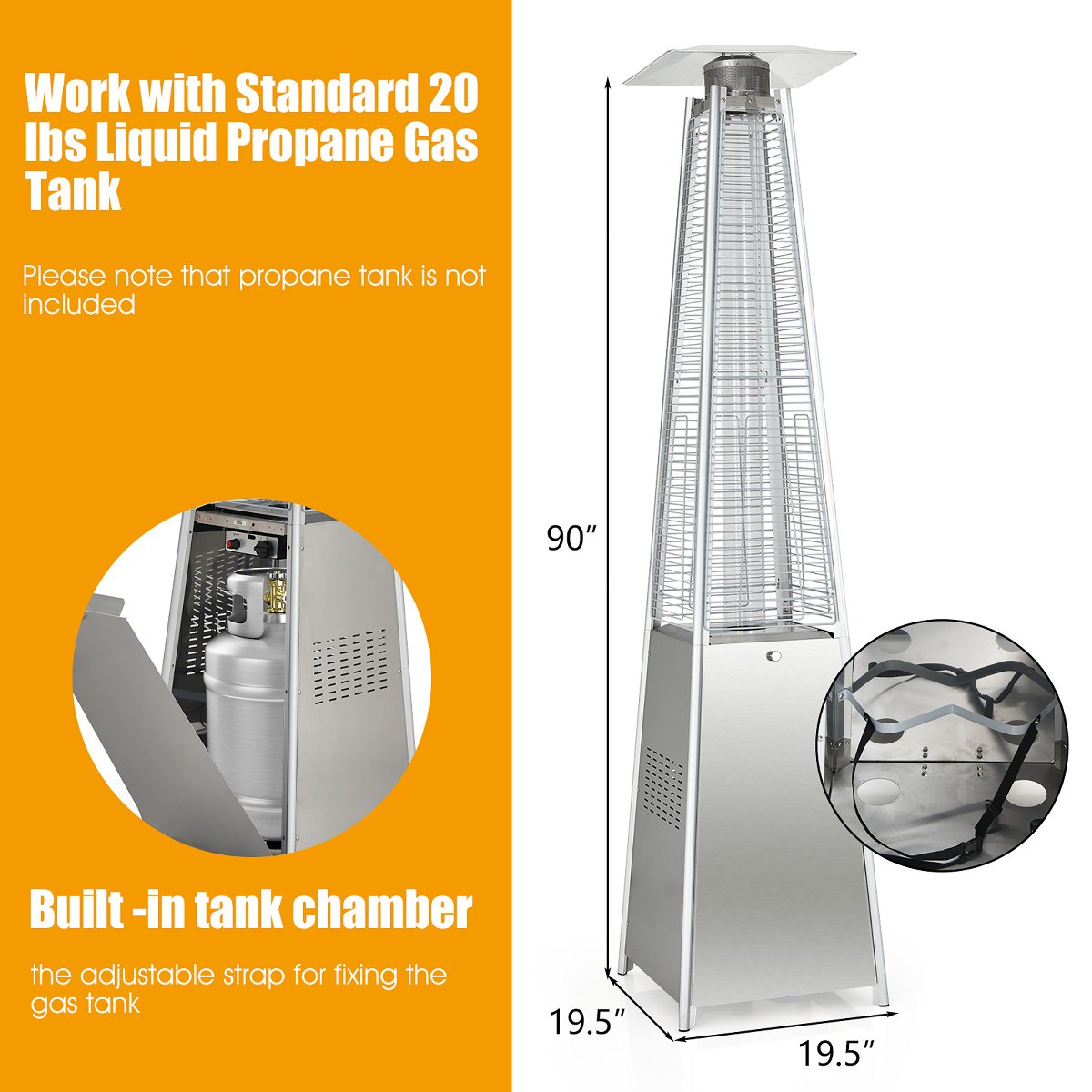 90'' Tall Pyramid Patio Heater Quartz Glass Tube Flame Heating 42000 BTU W/ Wheel