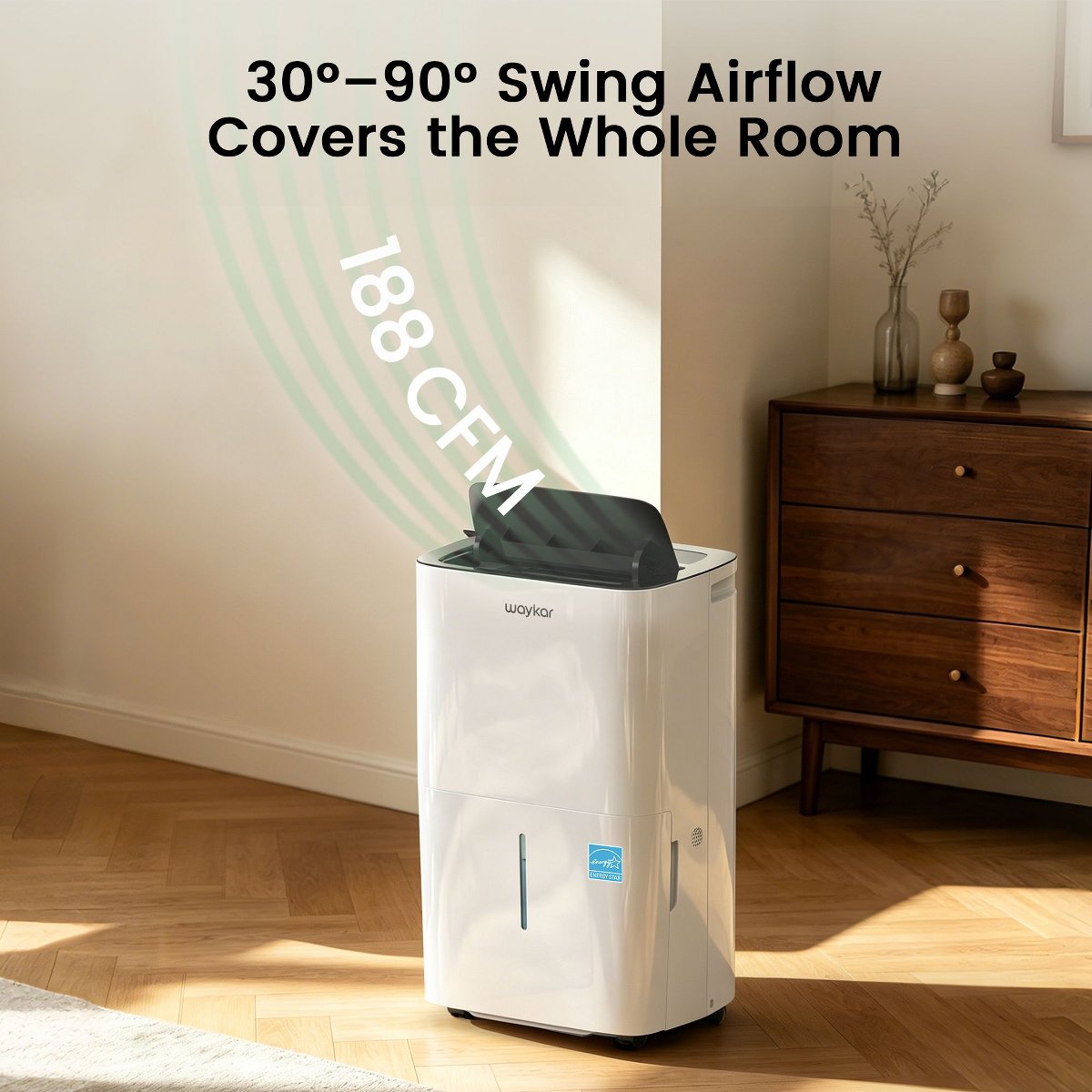 150-pint Energy Star Dehumidifier with Auto-Swing Louvers, Smart Humidity Control, and Full Tank Protection