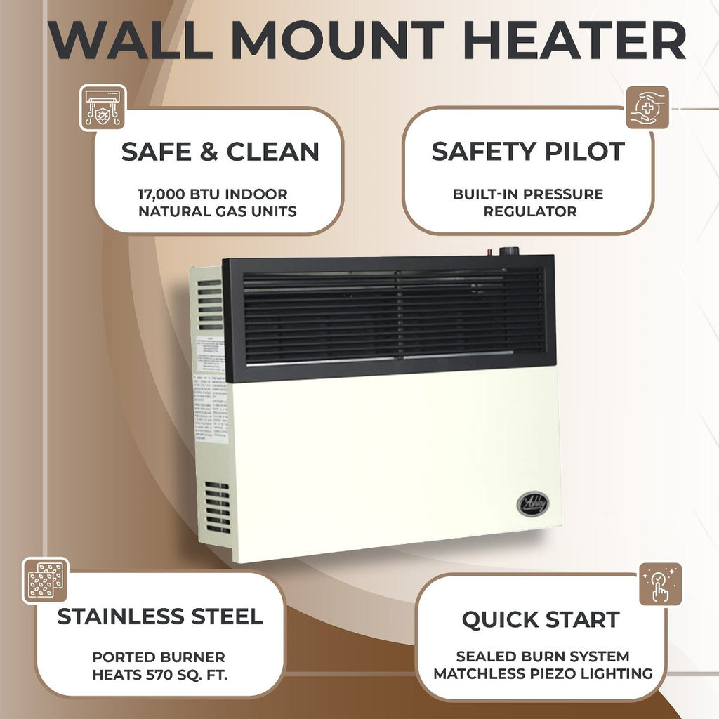 17,000 BTU Direct Vent Liquid Propane Wall Mounted Heater with Piezo Lightning, Safety Pilot and Built-In Regulator, Cream