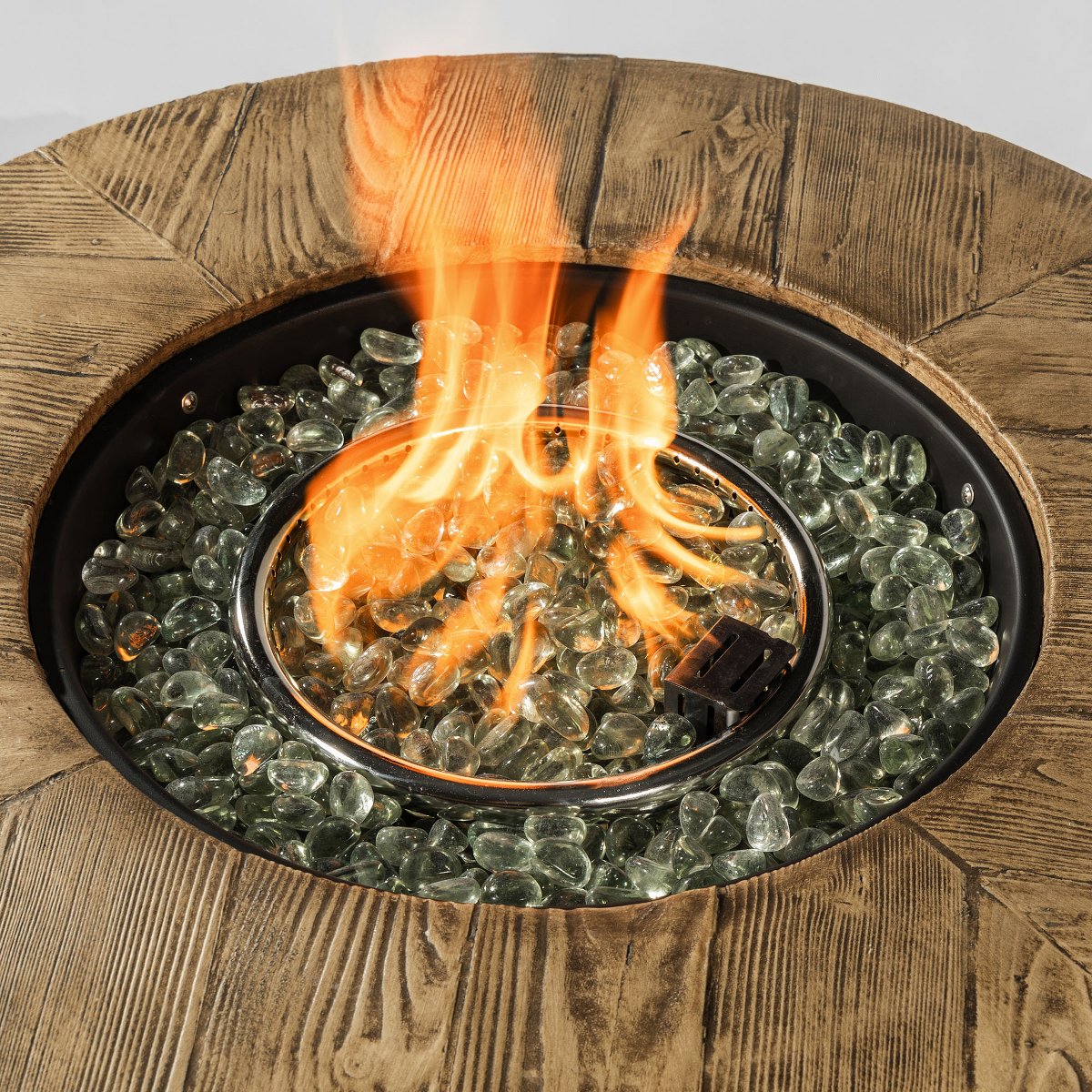 30 Propane Gas Fire Pit Table, 50,000 BTU Round Outdoor Fireplace with Wood Grain Top & Rain Cover, Black