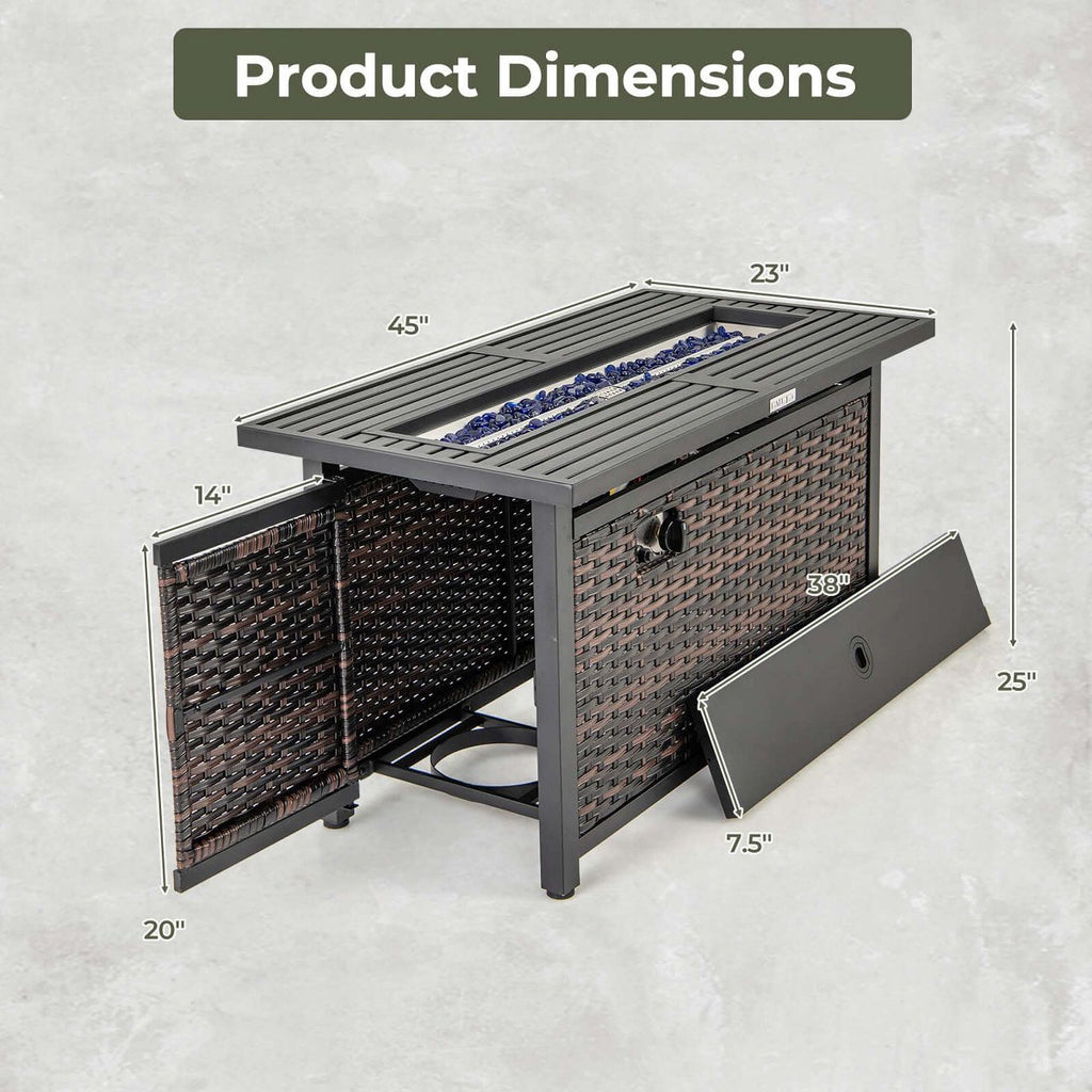 45 Propane Rattan Firepit Table with Glass Stones & Protective Cover Metal Frame