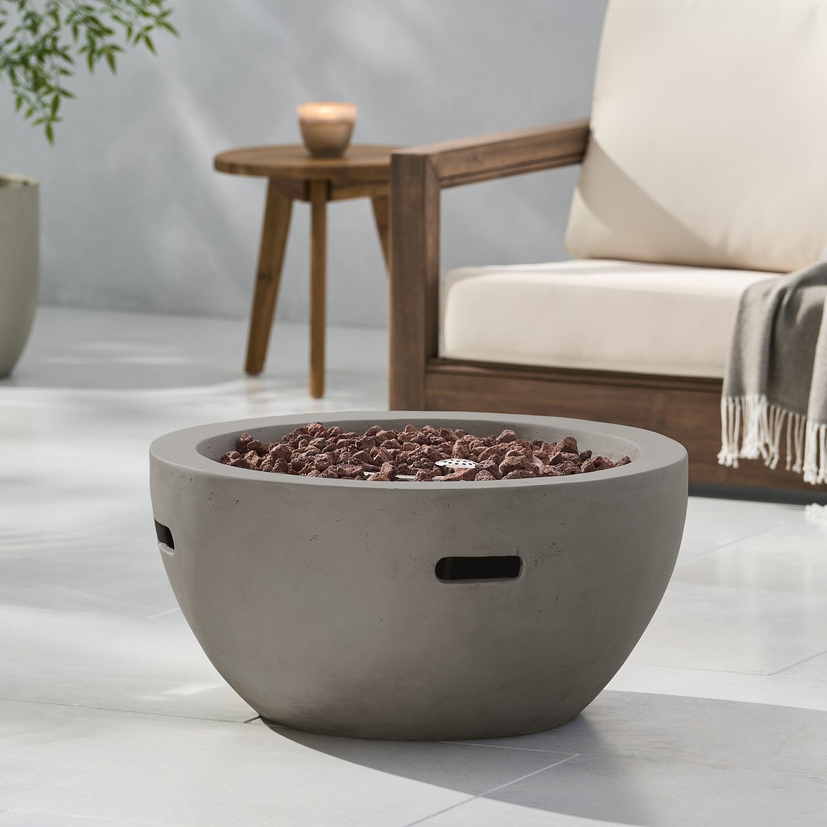 27 Bowl Propane Fire Pit, 40,000 BTU Round Lightweight MGO Concrete Outdoor Fireplace, Light Grey