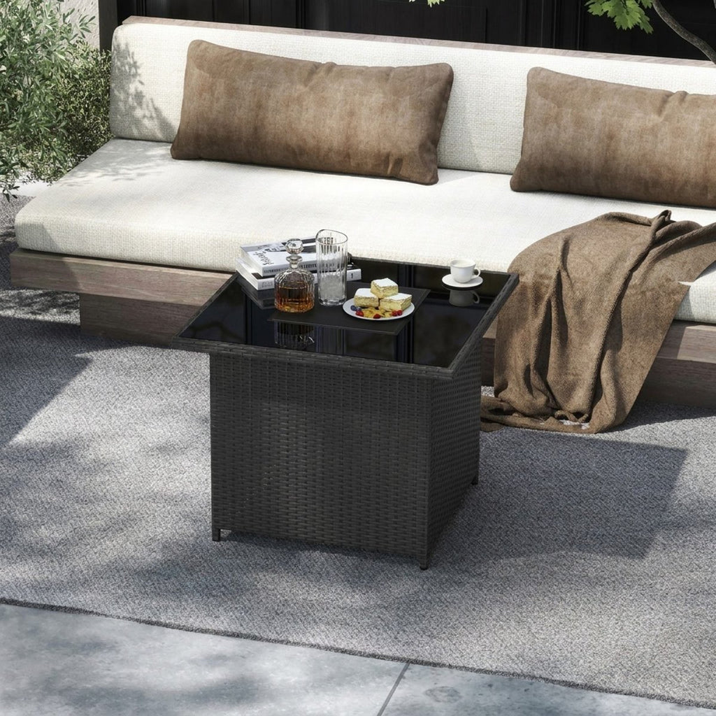 32.5 Inch Square Propane Fire Pit Table 50,000 BTU Outdoor Rattan with Glass Top and Cover, Black