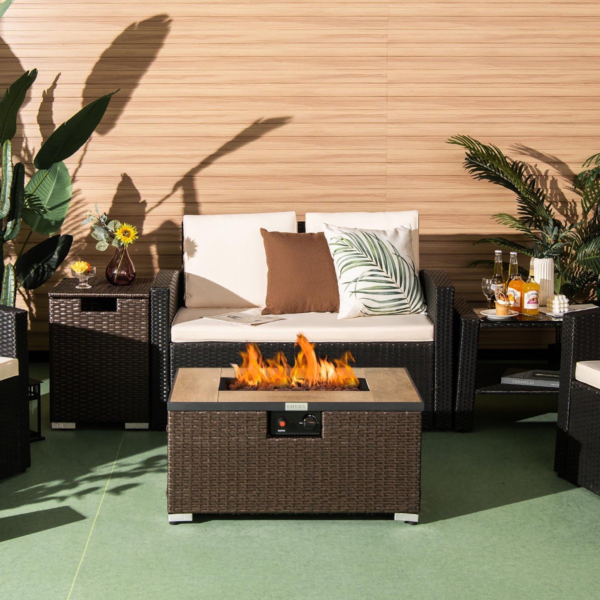 32x 20 Propane Rattan Fire Pit Table Set with Side Table Tank & Cover 40,000 BTU Grey/Coffee